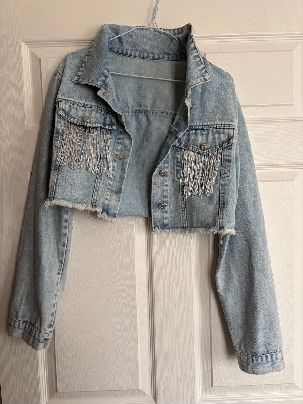 Cropped Light Wash Denim Jacket with Silver Fringe